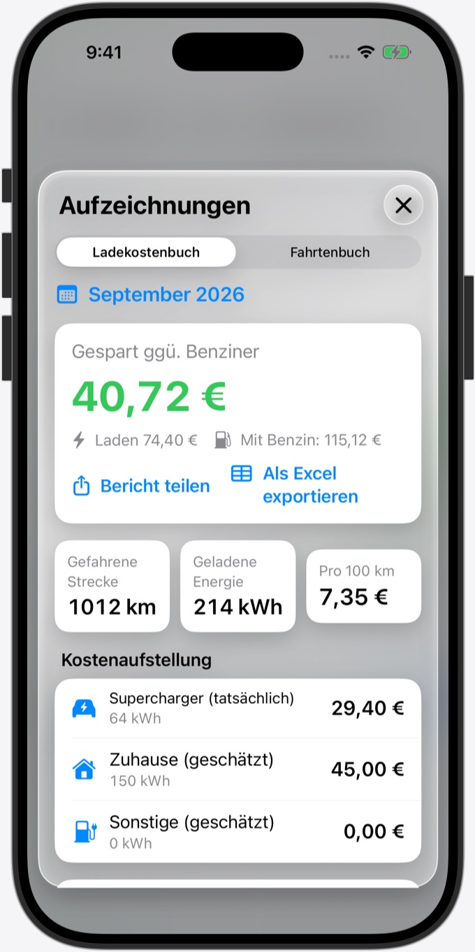 Ladekostenbuch: Ladekosten dieses Monats und Ersparnis gegenüber Benzin
