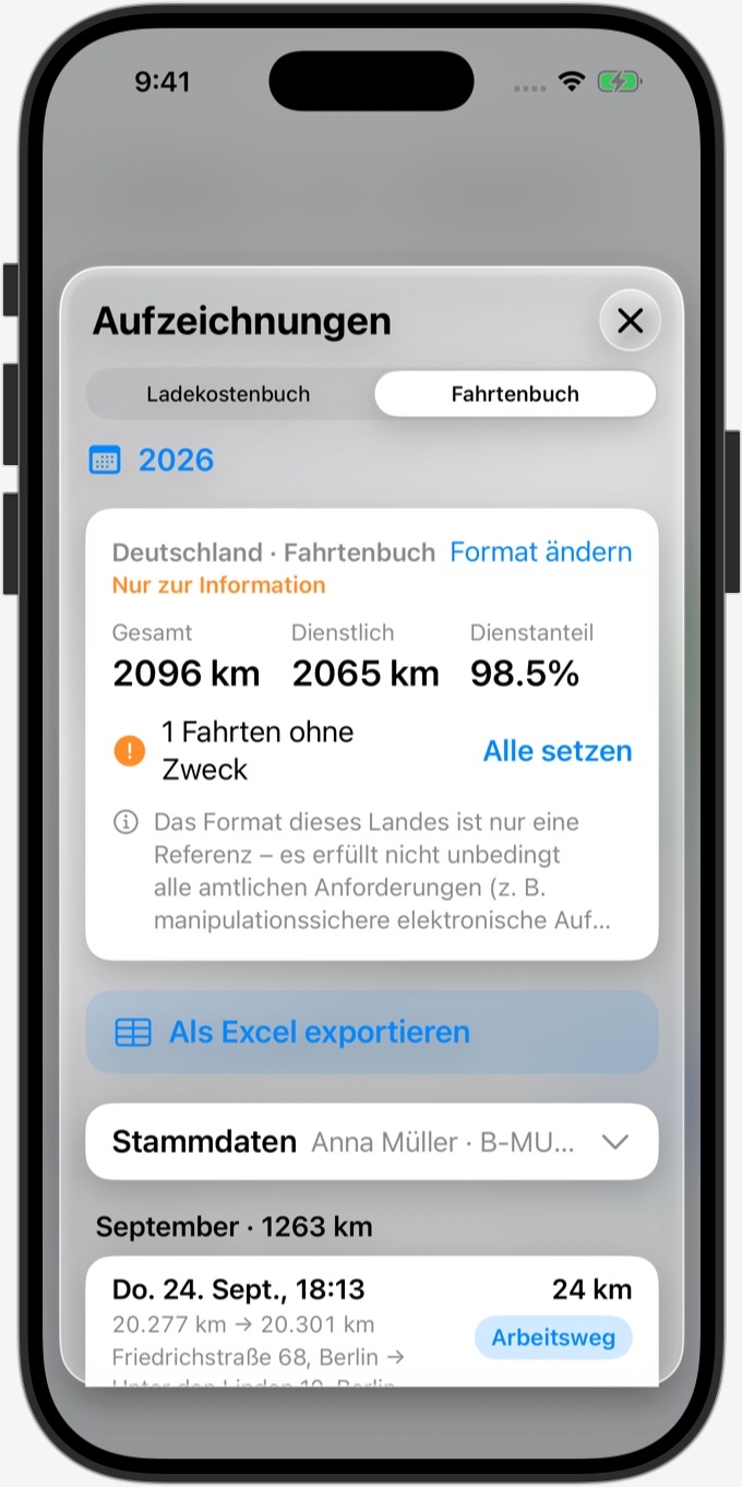 Fahrtenbuch: Fahrten nach Monat, jeweils als Arbeitsweg, dienstlich oder privat markiert