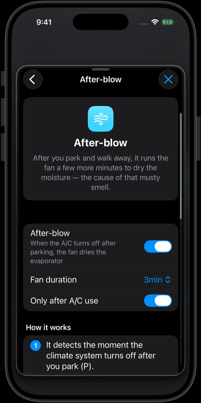 After-blow settings: on, a 3-minute blow, only on days you used the A/C — and how it works in three steps