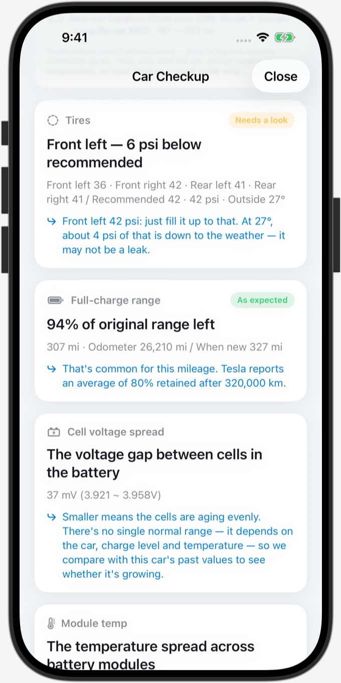 Car Checkup: front left tire 6 psi below recommended, fill it to 42 — plus 94% of original range left and the cell voltage spread