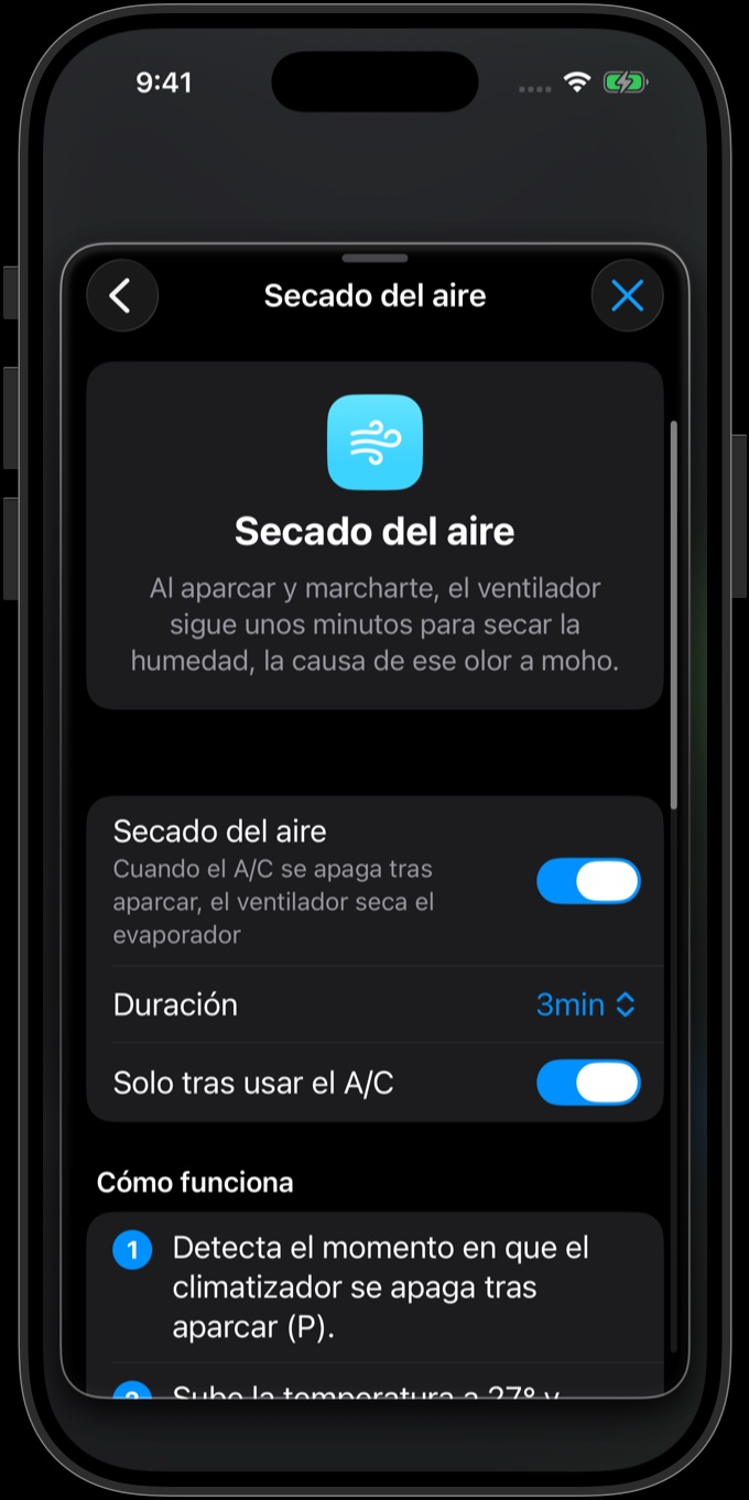 Ajustes del Secado del aire: activado, con 3 min de duración y «Solo tras usar el A/C» activado; debajo, cómo funciona en tres pasos