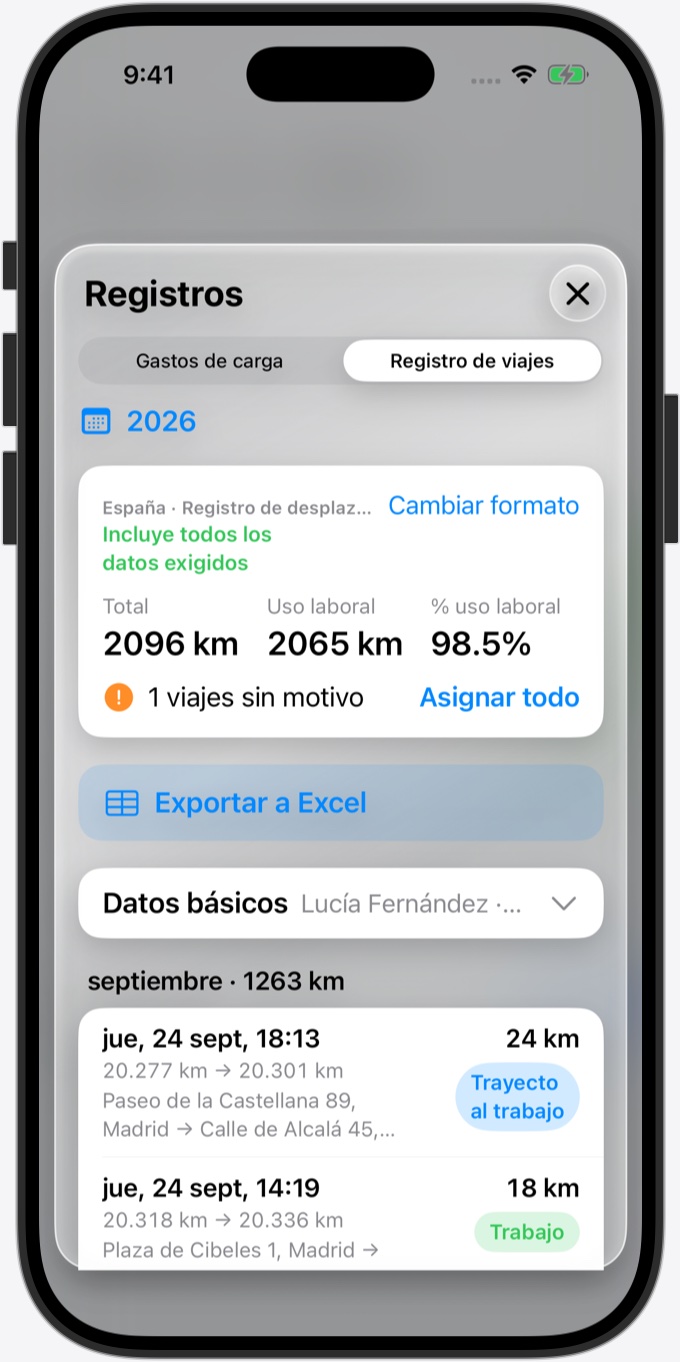 Registro de viajes: viajes por mes, cada uno marcado como trayecto al trabajo, trabajo o personal
