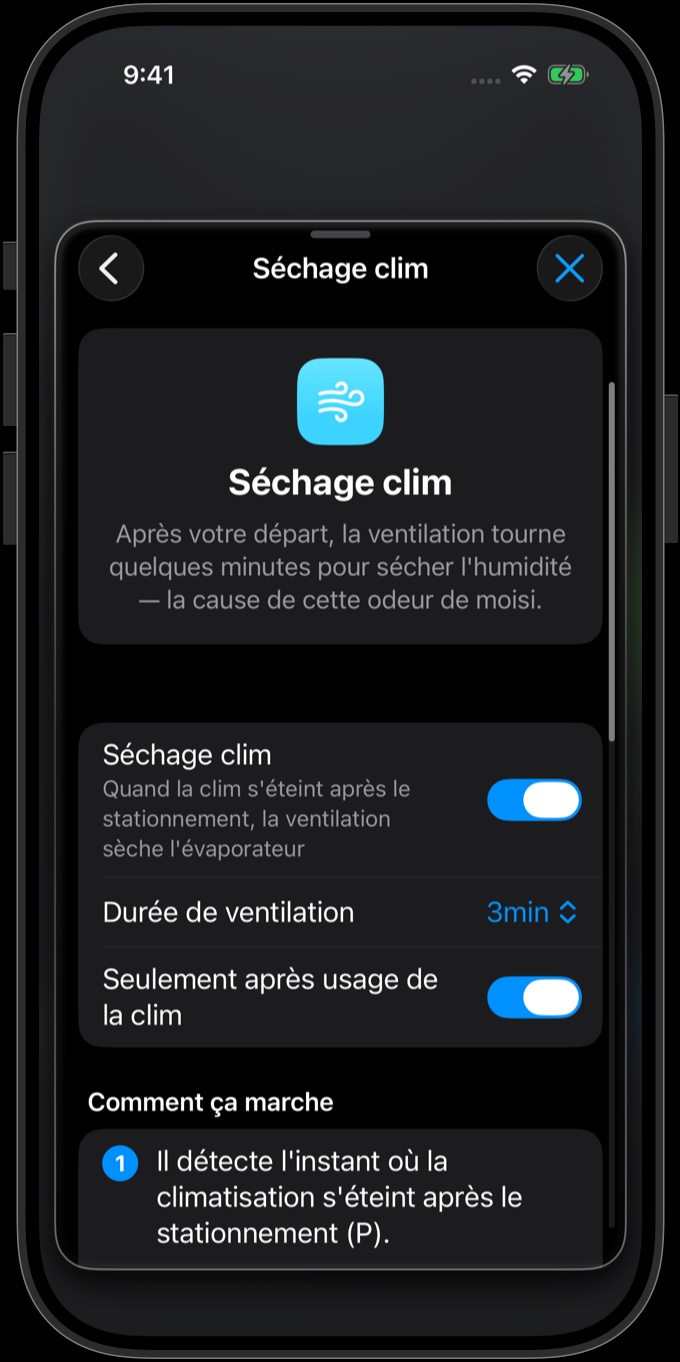 Réglages du Séchage clim : activé, durée de ventilation 3 min, « Seulement après usage de la clim » activé — puis « Comment ça marche » en trois étapes