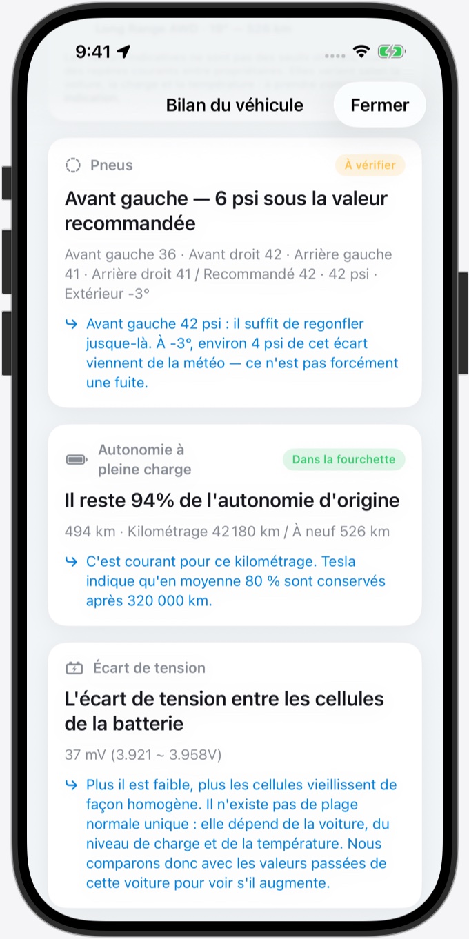 Bilan du véhicule : pneu avant gauche 6 psi sous la valeur recommandée, à regonfler à 42 psi ; il reste 94 % de l'autonomie d'origine ; écart de tension de 37 mV entre les cellules