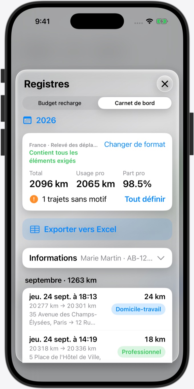 Carnet de bord : trajets du mois, chacun marqué domicile-travail, professionnel ou personnel