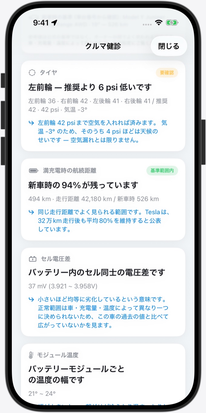 クルマ健診：左前輪は推奨より 6 psi 低いので 42 psi まで入れるという案内、満充電時の航続距離は新車時の94%、セル電圧差