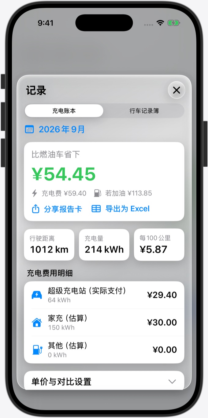 充电账本：本月充电花费，以及比开油车省下的钱