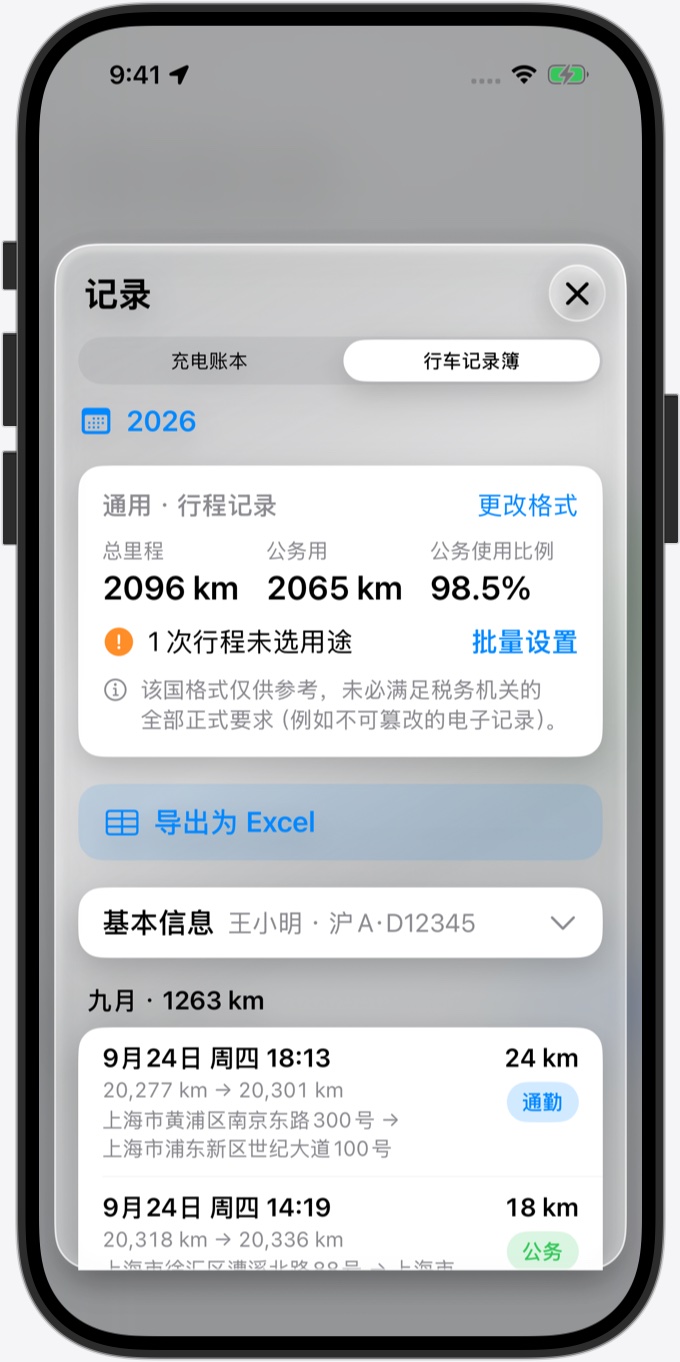 行车记录簿：按月列出的行程，每趟都标有通勤、公务或私人